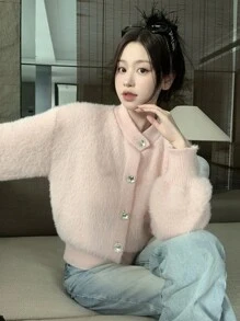 休闲舒适厚实蓬松柔软针织开衫长袖毛衣夹克 - 粉色 - 查看 1