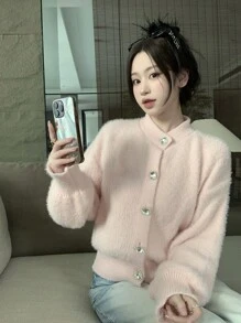 休闲舒适厚实蓬松柔软针织开衫长袖毛衣夹克 - 粉色 - 查看 8