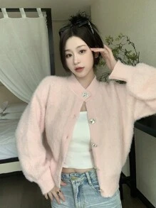 休闲舒适厚实蓬松柔软针织开衫长袖毛衣夹克 - 粉色 - 查看 5