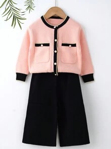 Tween Girls Casual Color Block Trim Cardigan And 7/8 Pants 2 Pieces Set, Autumn/Winter