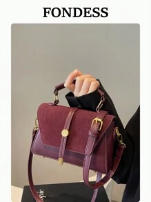 2026 New Suede Matte Finish With PU Small Square Bag, Burgundy Vintage Shaped Mini Shoulder Bag, Elegant Versatile Commuter Crossbody Phone Bag, Suitable For Daily Use, Dating, Gift, Gold Buckle Design Handbag - Burgundy - View 12