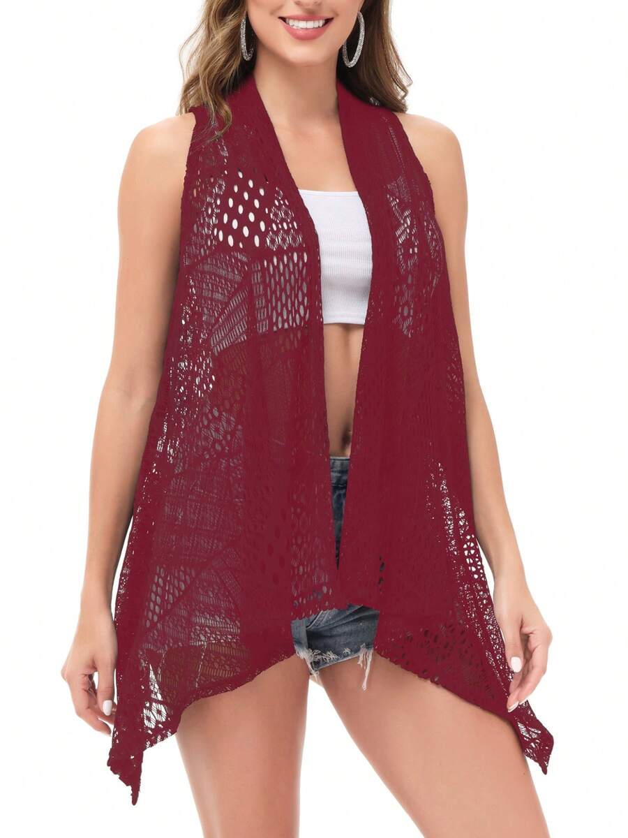 Womens Sleeveless Open Front Crochet Shawl Cardigan Bikini Cover Up - Burgundy - View 1