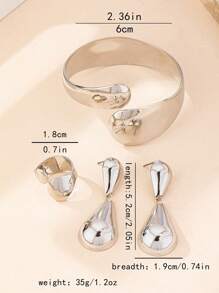1 Set Vintage Exaggerated Geometric Bracelet, Open Ring, Water Drop Pendant Earrings For Women - Silver - View 5