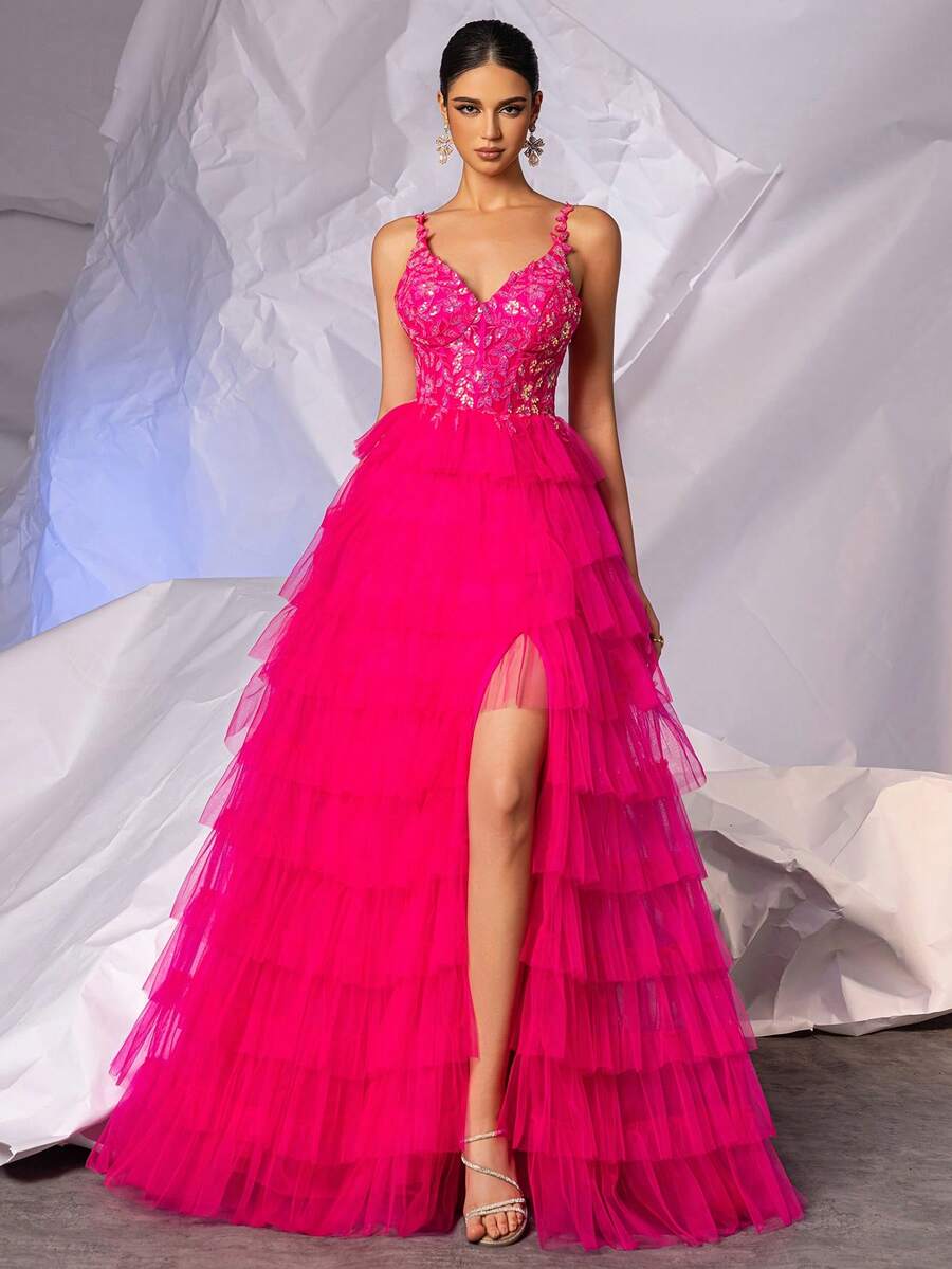 Sparkly Sequin Lace Applique Tulle Prom Dresses With Multi Layer Hem V Neck Spaghetti Strap Homecoming Dresses For Teen Long Puffy Hem Mesh Evening Gown, Elegant Formal Dress, For Wedding Guest, Graduation, Dinner - Hot Pink - View 1