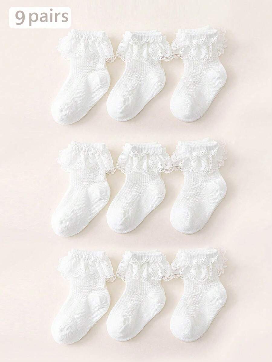 9雙新款白色蕾絲襪，白色襪子，兒童蕾絲透氣柔軟網眼襪，四季女孩襪 - 白色 - 查看 1