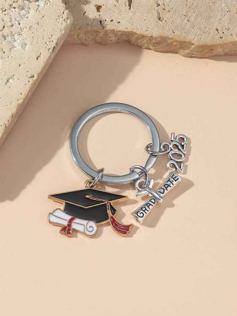 1pc Unisex 2025 Graduation Keychain, Cute Alloy Oil Drop Graduation Cap Keyring, Graduation Ceremony Gift Car Accessories Bag Charm School Goth Y2k Halloween Accessories Teachers Day - Multicolor - View 1