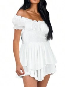 Vestido corto estilo minifalda de verano para mujer, con hombros descubiertos, volantes y vuelo, para la playa y el uso diario - Blanco - Ver 2