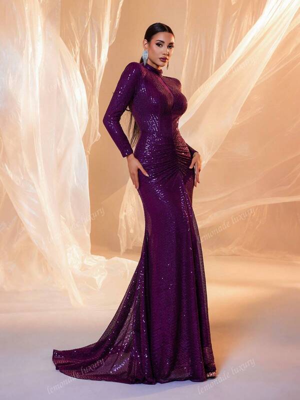 Purple Long Sleeve Round Neck Asymmetrical Sequin Formal Evening Dress Party Dress Wedding Guest Dress,Gown