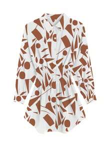 Women's Fashionable Blouse Dress, Random Print With Ruched & Gathered Waist, Long Sleeve Shirt Dress, Spring & Summer, Work Or Casual - 白色 - 查看 4