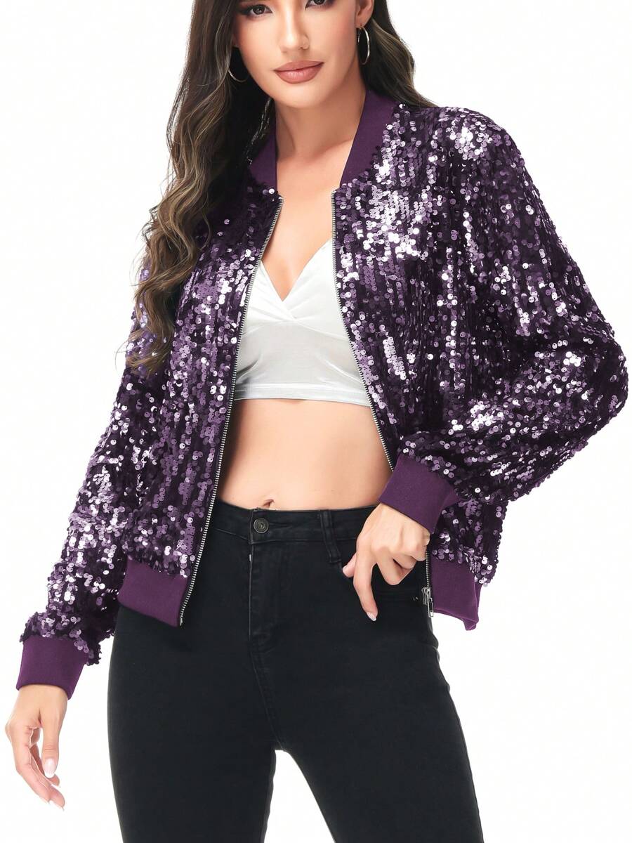 Chaqueta de manga larga con cremallera frontal y puños acanalados, con lentejuelas, para mujer, ideal para fiestas - Morado - Ver 1