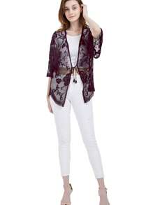 Womens Long Embroidered Lace Kimono Cardigan With Half Sleeves - 酒紅色 - 查看 4