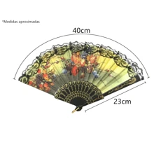 Kit 6 / 12 / 24 / 60 Spanish Fan In Luxury Printed Fabric With Lace For Dancing And Waving - 6 LEQUES ESTAMPAS SORTIDAS - View 5