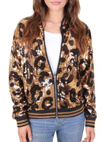 Womens Sequin Long Sleeve Front Zip Jacket With Ribbed Cuffs Bomber For Party - 豹 - 查看 4