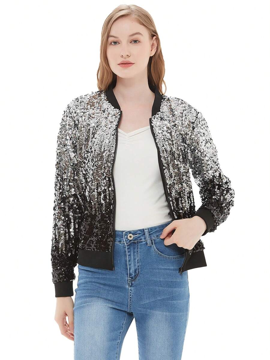 Womens Sequin Long Sleeve Front Zip Jacket With Ribbed Cuffs Bomber For Party - Black and Silver - View 1