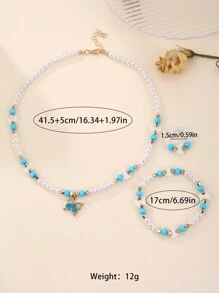 儿童项链套装甜美仿珍珠串珠蝴蝶项链手链戒指 3 件套适合女孩日常佩戴 - 蝴蝶 - 查看 5