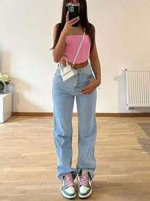 Women's Wide Leg Loose Casual Straight Leg Jeans, Diagonal Pocket Non Stretch Jeans, Women's Jeans And Clothing - 淺色水洗藍 - 查看 7
