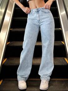 Women's Wide Leg Loose Casual Straight Leg Jeans, Diagonal Pocket Non Stretch Jeans, Women's Jeans And Clothing - 淺色水洗藍 - 查看 4