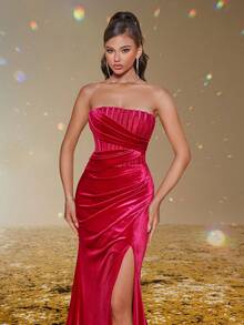 Smilprince Vestido de noche largo de satén rojo elegante sin tirantes con abertura alta, vestido tubo de graduación, vestido formal para invitado de boda, graduación, cena - Rojo - Ver 8