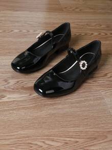 Women's Autumn Flat Shoes, Black Mary Jane Shoes, Chunky Heel Low Heel, With Faux Pearl Buckle Closed Toe Valentines