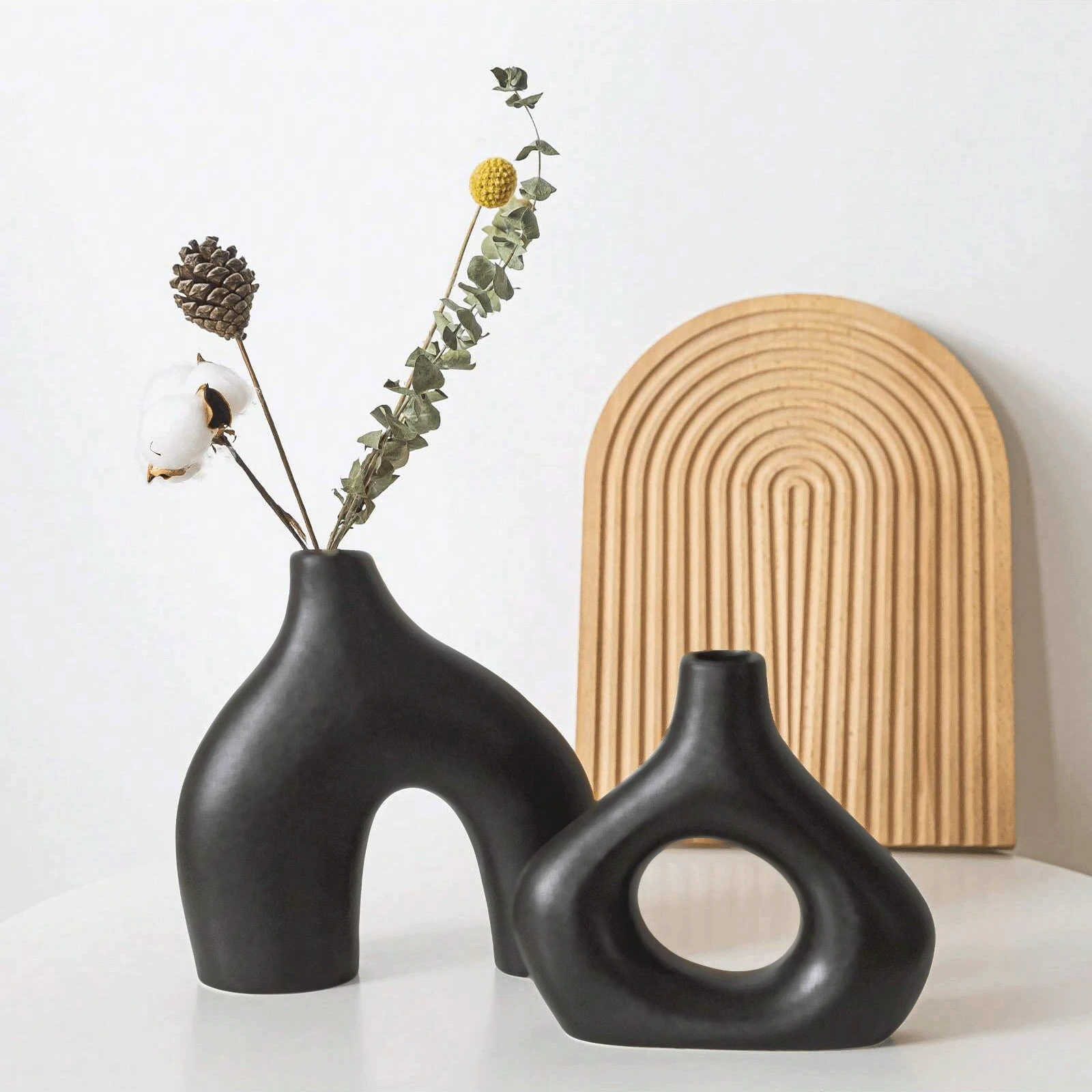 Black Ceramic Vase Set Of 2 For Modern Minimalist Bohemian Decor, Round ...