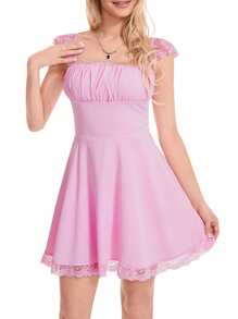 Womens Vintage A-Line Dress, Short Sleeve Ruched Bust Solid Color Flowy Mini Dress - Pink - View 2