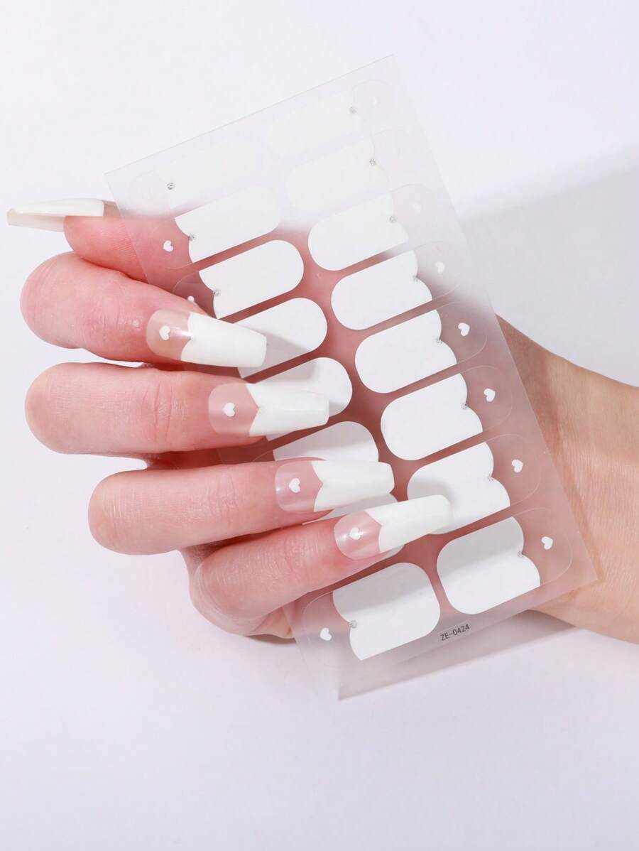 1 件 16 片美甲全覆盖法式贴纸闪光花朵粘性滑块 DIY 指甲油美甲贴纸贴花 - 白色 - 查看 1