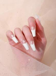 1 件 16 片美甲全覆盖法式贴纸闪光花朵粘性滑块 DIY 指甲油美甲贴纸贴花 - 白色 - 查看 6