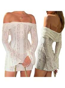 Beauace Womens Off Shoulder Lace Dress Floral Pattern Bow Ruched Boat Neck Long Sleeve Slim Fit Short Dresses