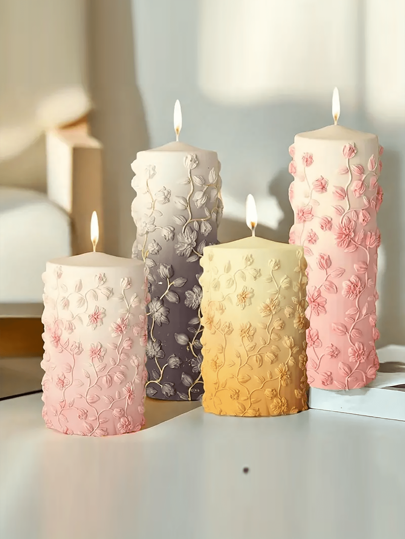 Moldes de silicona y resina para velas aromáticas, molde cilíndrico con diseño floral en relieve 3D, forma asimétrica, para manualidades DIY adecuadas para decoración del hogar, chimenea, sala de estar, decoración central, oficina, regalos del Día de San Valentín, juegos de velas, velas aromáticas, regalos para amigos, regalos para mujeres
