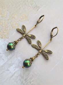 1 Paire De Boucles D'oreilles Crochets Pendentifs Style Bohémien Vintage Libellule & Perles Vertes Fausses Pour Femmes, Cadeau De Bijoux Pour Fêtes Et Voyages