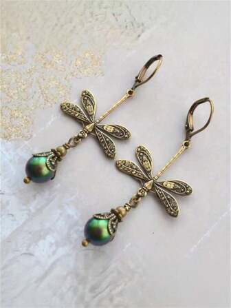 1pair Vintage Bohemian Style Dragonfly & Green Faux Pearl Pendant Hook Earrings For Women, Party And Travel Jewelry Gift