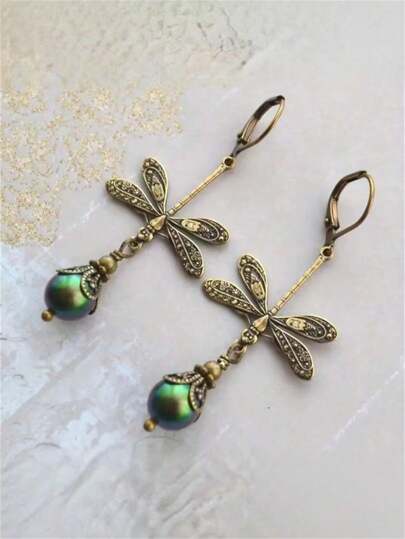 1pair Vintage Bohemian Style Dragonfly & Green Faux Pearl Pendant Hook Earrings For Women, Party And Travel Jewelry Gift