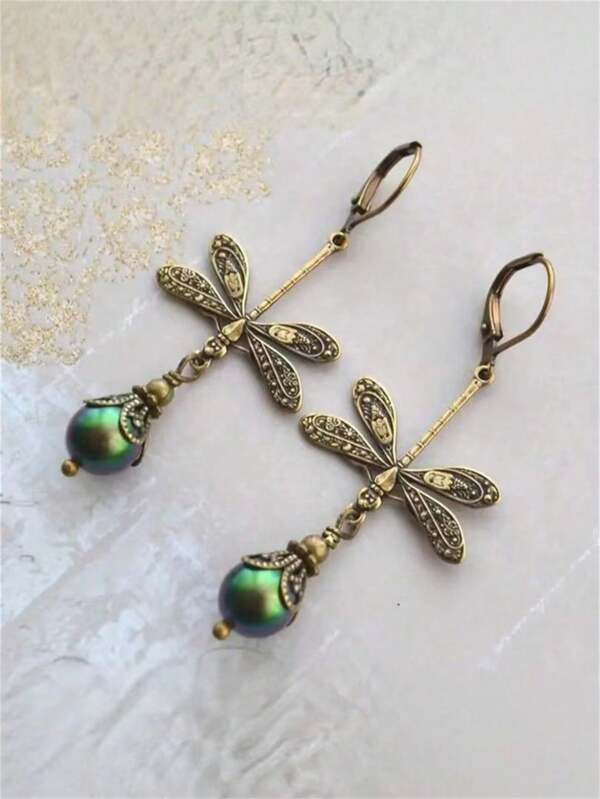 1 Paire De Boucles D'oreilles Crochets Pendentifs Style Bohémien Vintage Libellule & Perles Vertes Fausses Pour Femmes, Cadeau De Bijoux Pour Fêtes Et Voyages