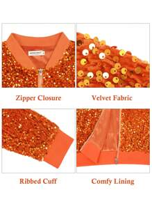 Women's Sparkly Sequin Jacket Glitter Long Sleeves Front Zip Up Bomber Jacket With Ribbed Cuffs - 橘色 - 查看 5