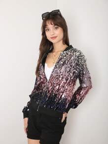 Womens Sequin Long Sleeve Front Zip Jacket With Ribbed Cuffs Bomber For Party - 銀紫紅色 - 查看 4