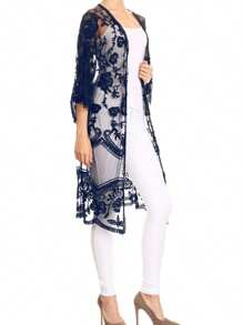 Floral Crochet Lace Cardigan For Women Beach Cover Ups Dress Kimono - Màu xanh hải quân - Xem 3