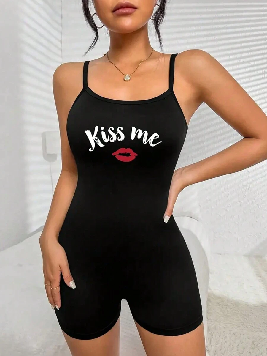 Ladies' Summer Romper Pajamas Sexy Black Suspender Printed Shapewear - Black - View 1