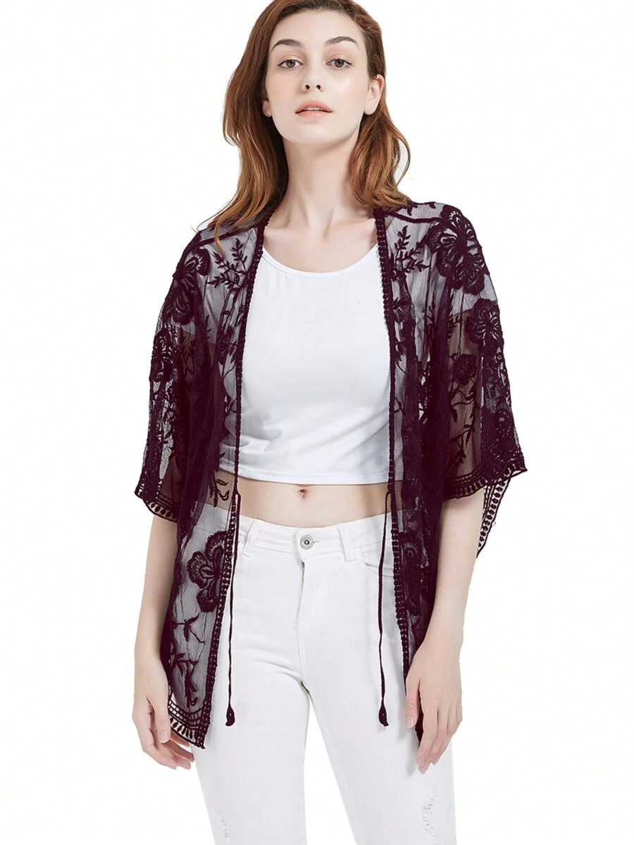 Womens Long Embroidered Lace Kimono Cardigan With Half Sleeves - 酒紅色 - 查看 1