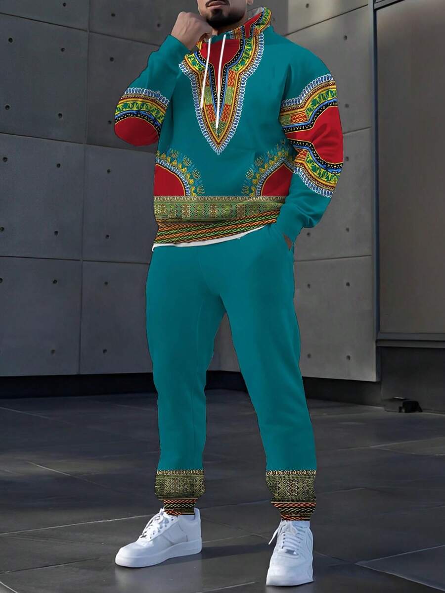 1 Set Men Fashionable Casual Print Hoodie Set