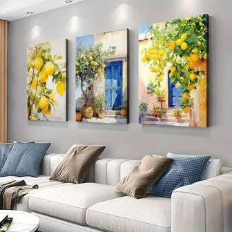 3 Pieces Set, Mediterranean Lemon Canvas Wall Art, Artistic Greek & Italian Style, Waterproof Canvas Poster, Decor For Home, Office, Living Room, Bedroom, Bathroom, Dining Room, Indoor & Outdoor Use, Spring & Summer Season, Ink Art Medium Decoration Paintings In Living Rooms, Bedrooms, Dining Rooms Optional Frames Modern Posters, Wall Arts, Canvas Paintings Coastal Decor Coastal Decor Beach Decor