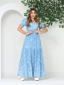 Women's Long Dress With Short Sleeves And Print - Azul - Ver 1