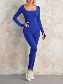 Women Fashion Wild Jumpsuits Solid Color Square Neck Long Sleeve Long Rompers Spring Autumn Fashion One-Piece Clothes - Blue - View 4