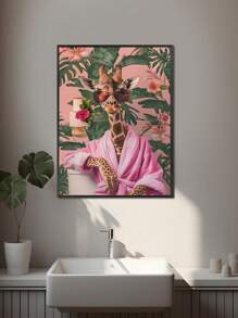 1幅时尚长颈鹿艺术帆布海报，迷人的动物墙饰，身穿粉色浴袍，无框装饰艺术，经典帆布墨水印刷，竖向悬挂，适用于家居、办公室、浴室、客厅装饰，全年室内墙面装饰，墙面艺术礼物，生日和毕业纪念