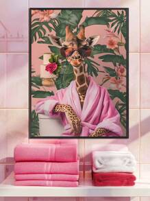 1幅时尚长颈鹿艺术帆布海报，迷人的动物墙饰，身穿粉色浴袍，无框装饰艺术，经典帆布墨水印刷，竖向悬挂，适用于家居、办公室、浴室、客厅装饰，全年室内墙面装饰，墙面艺术礼物，生日和毕业纪念