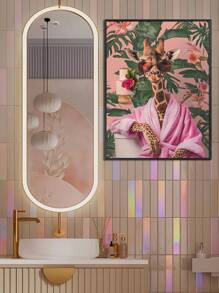 1幅时尚长颈鹿艺术帆布海报，迷人的动物墙饰，身穿粉色浴袍，无框装饰艺术，经典帆布墨水印刷，竖向悬挂，适用于家居、办公室、浴室、客厅装饰，全年室内墙面装饰，墙面艺术礼物，生日和毕业纪念