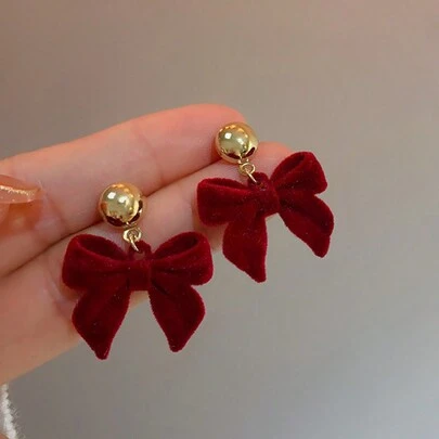 1 对红色毛绒蝴蝶结金属可爱甜美复古时尚优雅耳环适合女性新年、圣诞节、情人节、婚礼、日常、节日佩戴情人