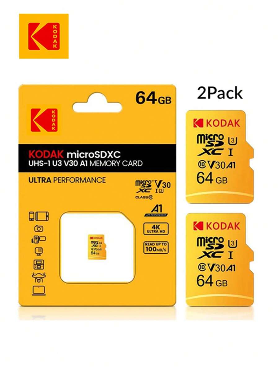 2 thẻ nhớ KODAK 32GB 64GB 128G 256G Ultra MicroSDXC UHS-I, TỐC ĐỘ LÊN ĐẾN 100MB/GIÂY, C10, Full 4K HD, A1 - Màu vàng - Xem 1
