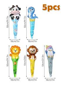 5pcs Cute Animal Shaped Foil Balloons, Including Cow, Monkey, Lion, Penguin, Sea Lion, Suitable For Birthday, Wedding, Graduation Party, Ocean, Jungle Theme Decor - Multicolor - View 2