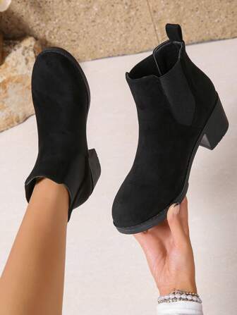 New Fashion High Heel Women's Ankle Boots, Casual Thick Sole Short Boots, Non-Slip, Versatile Solid Color Short Boots, Zipper Closure, Black Short Boots, Chunky Heel High Heel Short Boots, Elegant Chelsea Boots, Thick Sole High Heel Chelsea Boots, American Mid-Heel Western Boots, Stylish Short Shaft Boots