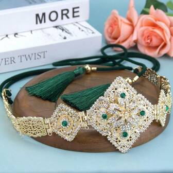 摩洛哥长袍腰带水晶新娘礼服腰链，长度可调节，阿拉伯风格身体链